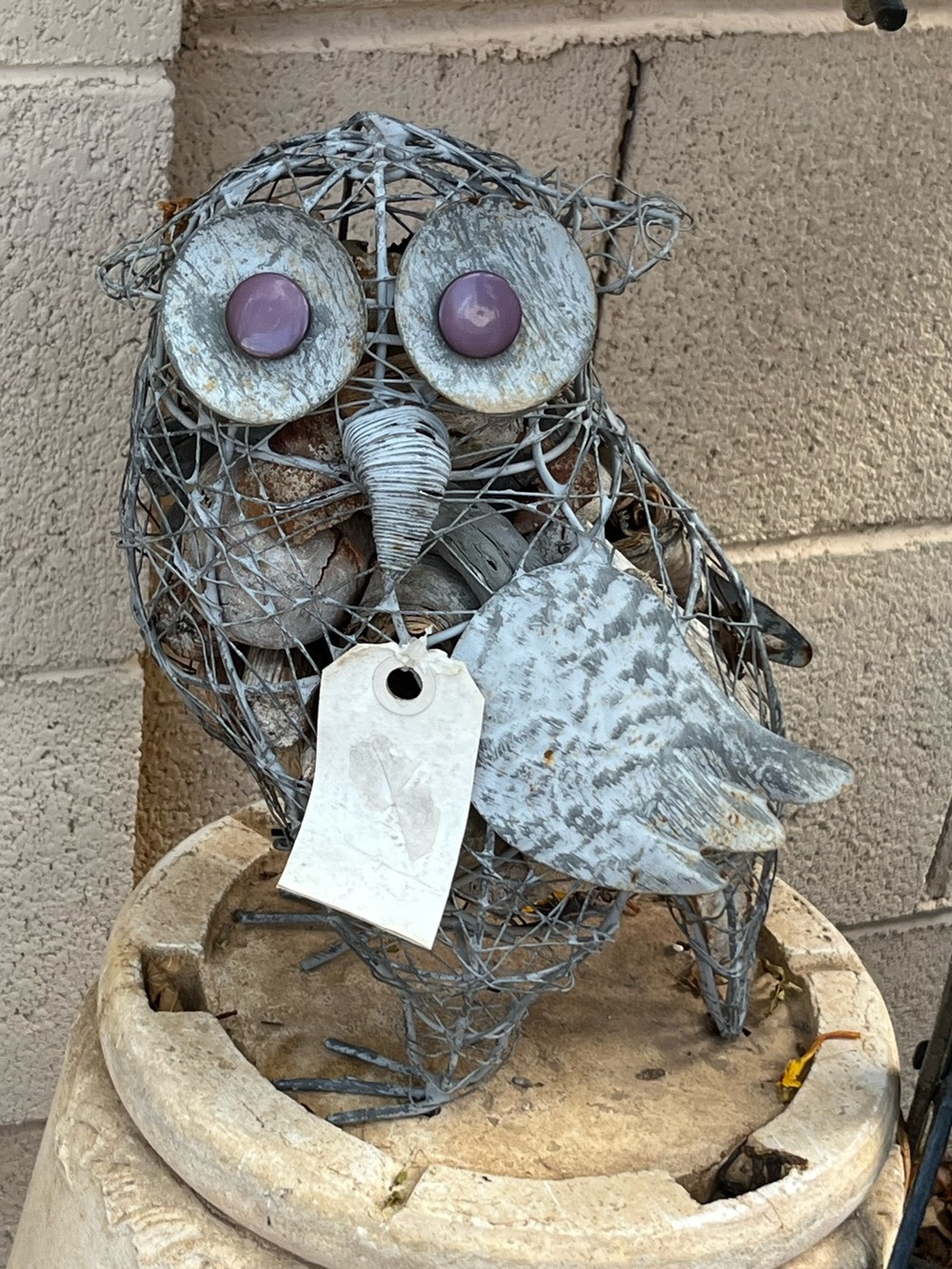 Rustic Wire Owl Art Sculpture - Gray and Purple Accent